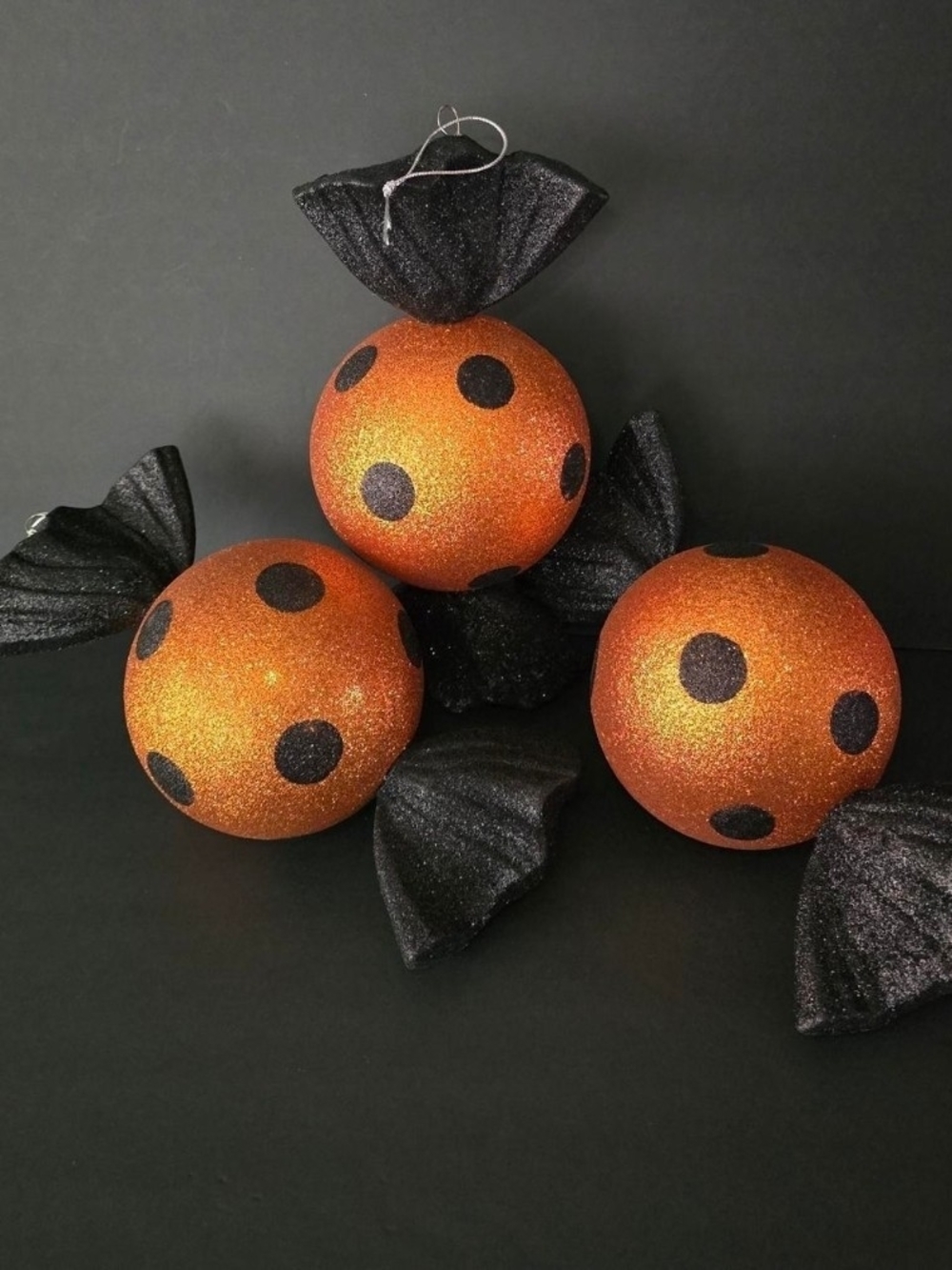 3 New Giant Halloween Wrapped Candy Orange and Black Glitter Ball Ornaments